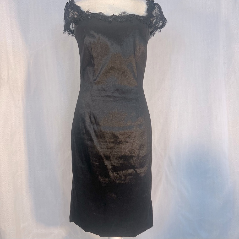 Kathy Hilton Black Cocktail Dress Satin Lace Illusion Cap Sleeves Sequins 8👍